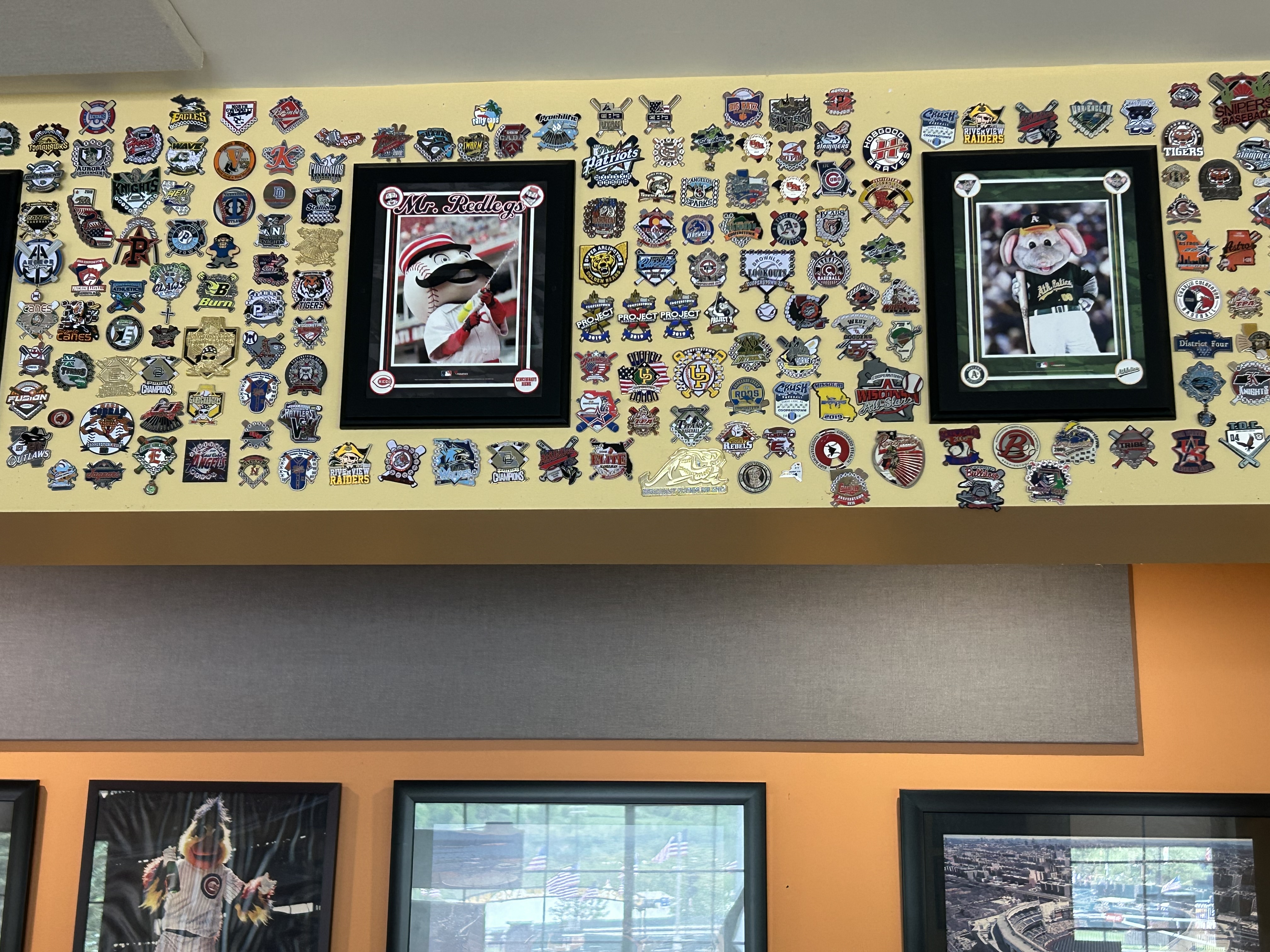 Wall of pins with mascot photos